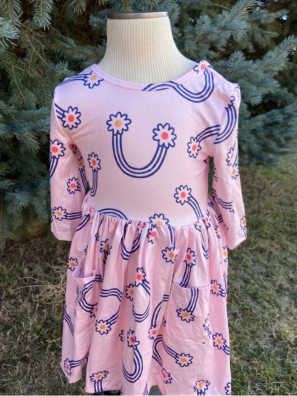 Girls' Pink Floral Rainbow Pocket Dress